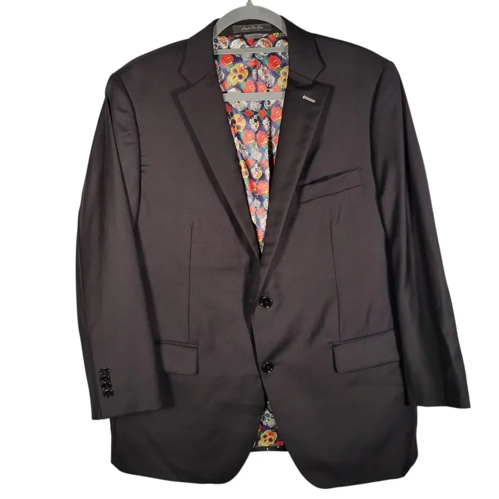 Indochino Black 100% Wool Custom Suit 42R Skull Lining 36x26 2 Pc